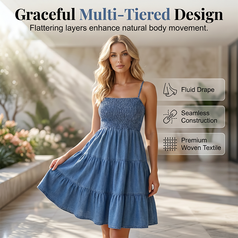 Exclusive 50% OFF | Breezy Summer Denim Sundress | Smocked Bodice & Flowing Tiered Skirt | Soft Breathable Sleeveless Dress for Women