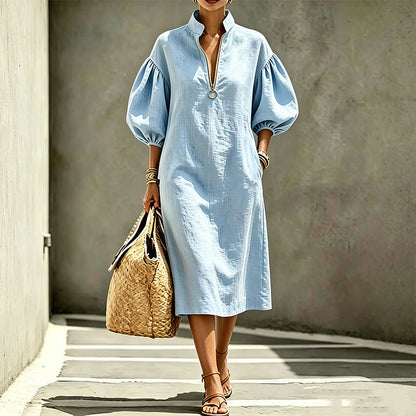 🔥New Products Now Available-Women's Half-Zipper Stand Collar Puff Sleeve Dress