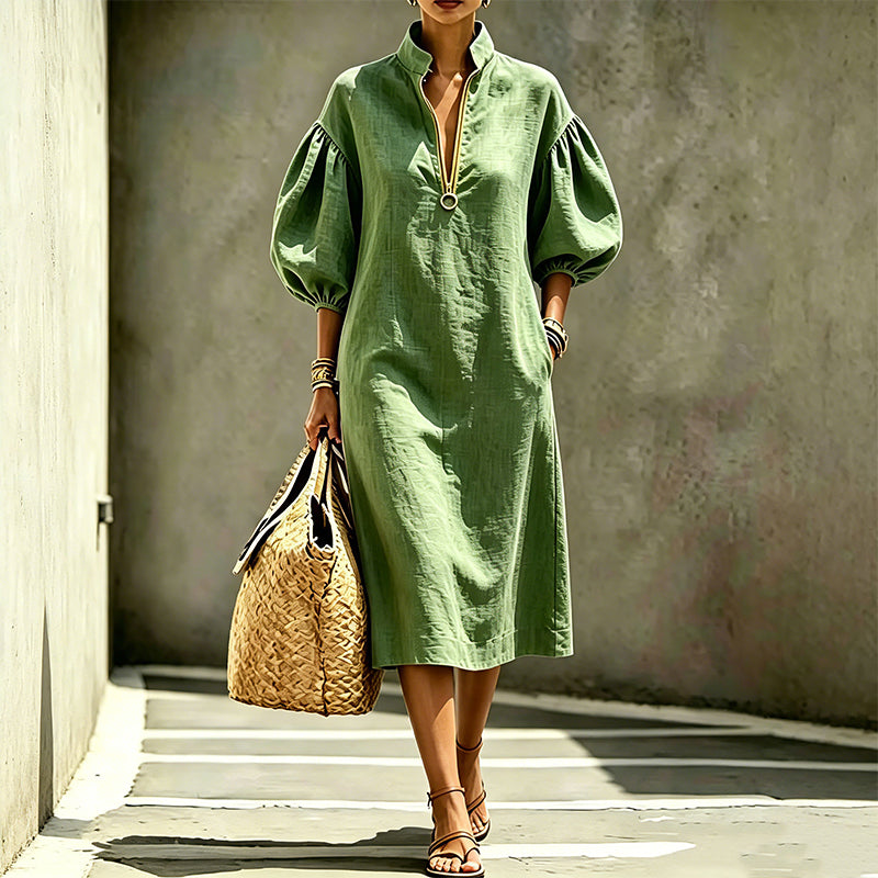 🔥New Products Now Available-Women's Half-Zipper Stand Collar Puff Sleeve Dress