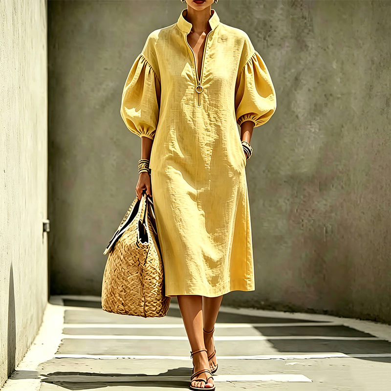 🔥New Products Now Available-Women's Half-Zipper Stand Collar Puff Sleeve Dress