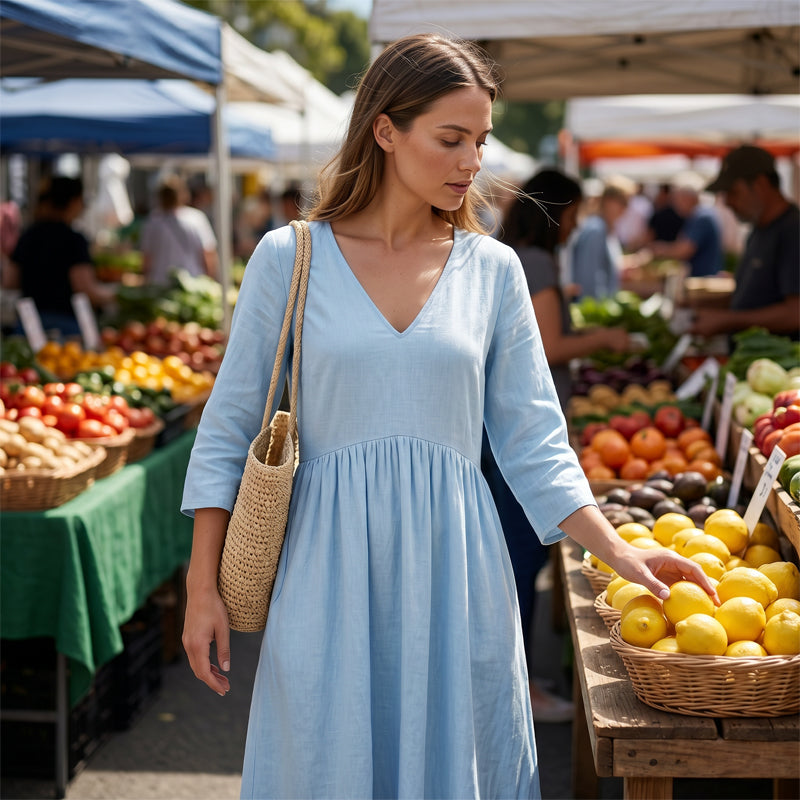 Women's V-Neck 3/4 Sleeve Maxi Dress