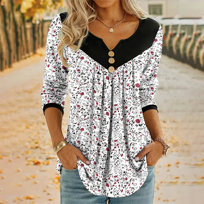 Women's Printed V-Neck Long Sleeve T-Shirt