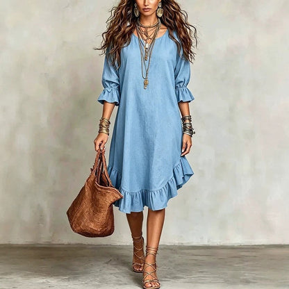 🎉NEW ARRIVAL LIMITED TIME OFFER 💞Women's Ruffle Hem V Neck Woven Dress