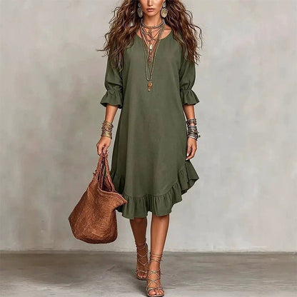 🎉NEW ARRIVAL LIMITED TIME OFFER 💞Women's Ruffle Hem V Neck Woven Dress