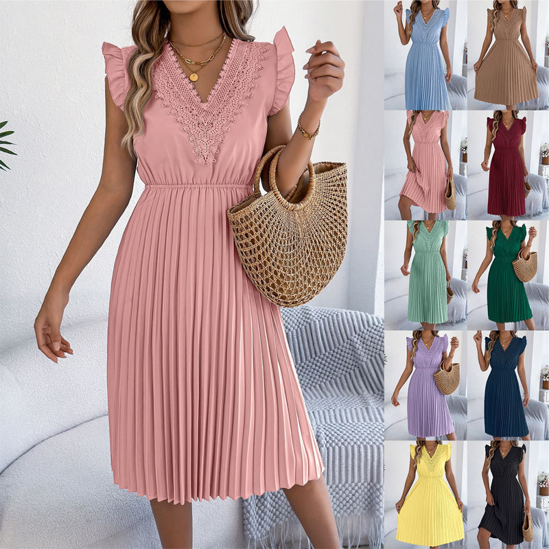 ⌛Limited-Time Offer-Women's Lace V-Neck Ruffle Sleeve Pleated Midi Dress