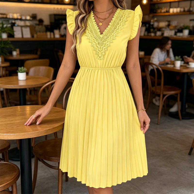 ⌛Limited-Time Offer-Women's Lace V-Neck Ruffle Sleeve Pleated Midi Dress
