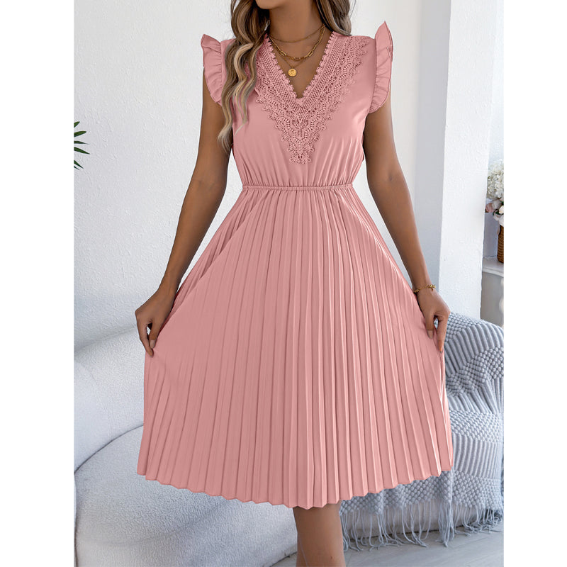 ⌛Limited-Time Offer-Women's Lace V-Neck Ruffle Sleeve Pleated Midi Dress