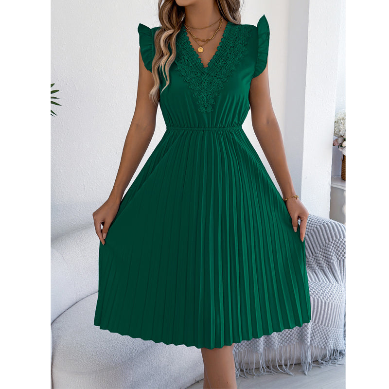 ⌛Limited-Time Offer-Women's Lace V-Neck Ruffle Sleeve Pleated Midi Dress