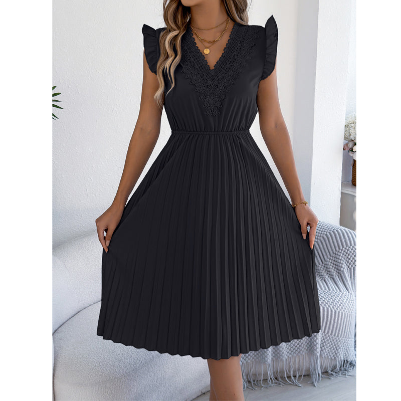 ⌛Limited-Time Offer-Women's Lace V-Neck Ruffle Sleeve Pleated Midi Dress