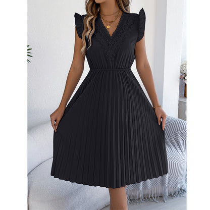 ⌛Limited-Time Offer-Women's Lace V-Neck Ruffle Sleeve Pleated Midi Dress