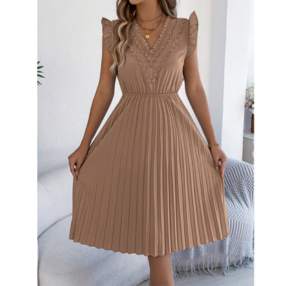 ⌛Limited-Time Offer-Women's Lace V-Neck Ruffle Sleeve Pleated Midi Dress