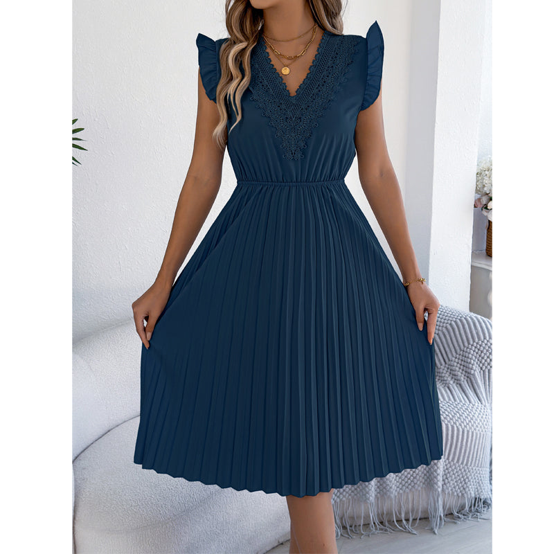 ⌛Limited-Time Offer-Women's Lace V-Neck Ruffle Sleeve Pleated Midi Dress