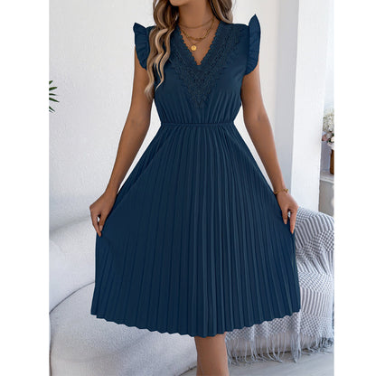 ⌛Limited-Time Offer-Women's Lace V-Neck Ruffle Sleeve Pleated Midi Dress