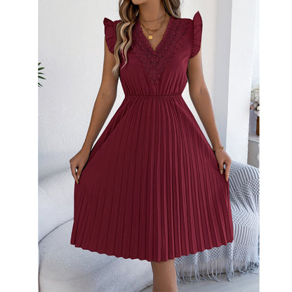 ⌛Limited-Time Offer-Women's Lace V-Neck Ruffle Sleeve Pleated Midi Dress