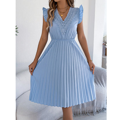 ⌛Limited-Time Offer-Women's Lace V-Neck Ruffle Sleeve Pleated Midi Dress