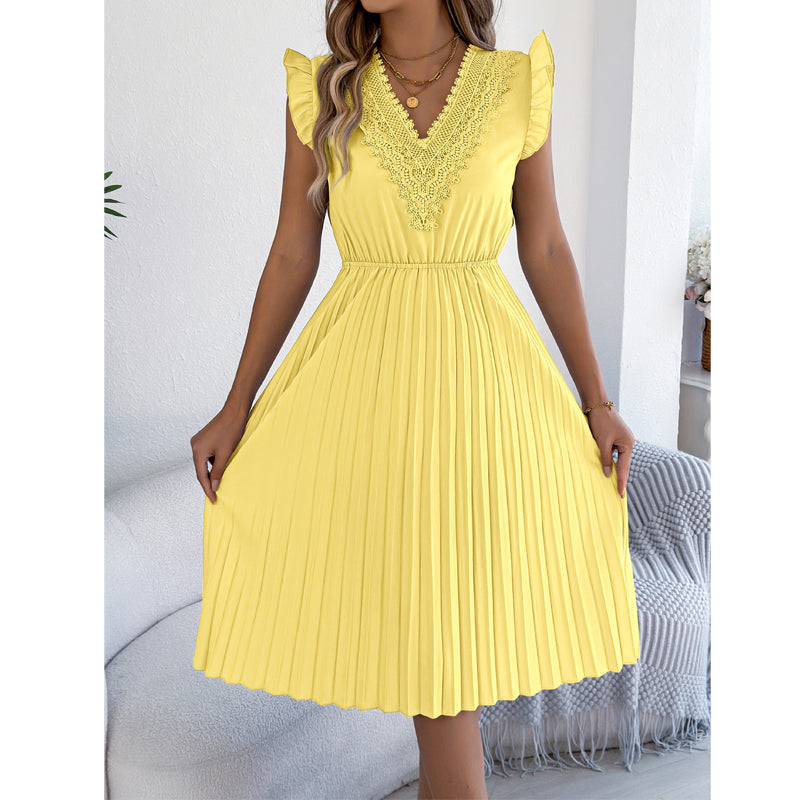 ⌛Limited-Time Offer-Women's Lace V-Neck Ruffle Sleeve Pleated Midi Dress