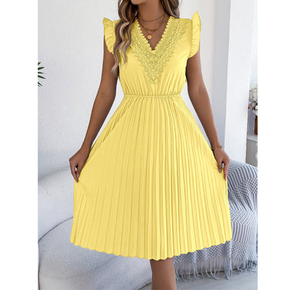 ⌛Limited-Time Offer-Women's Lace V-Neck Ruffle Sleeve Pleated Midi Dress