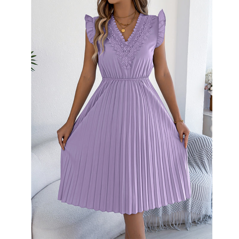 ⌛Limited-Time Offer-Women's Lace V-Neck Ruffle Sleeve Pleated Midi Dress