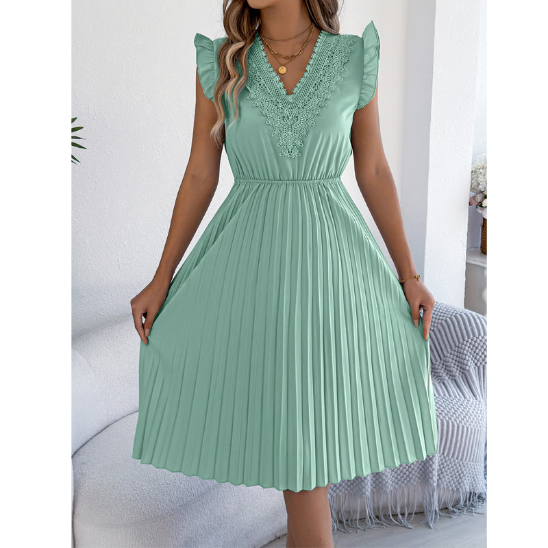 ⌛Limited-Time Offer-Women's Lace V-Neck Ruffle Sleeve Pleated Midi Dress
