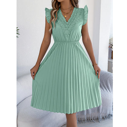 ⌛Limited-Time Offer-Women's Lace V-Neck Ruffle Sleeve Pleated Midi Dress