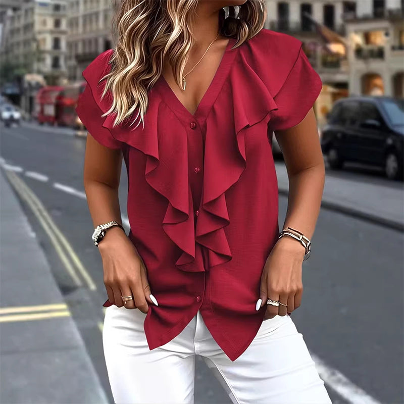 🔥New Arrivals & Best Sellers-Elegant Ruffle V-Neck Blouse