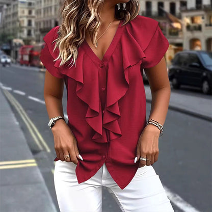 🔥New Arrivals & Best Sellers-Elegant Ruffle V-Neck Blouse