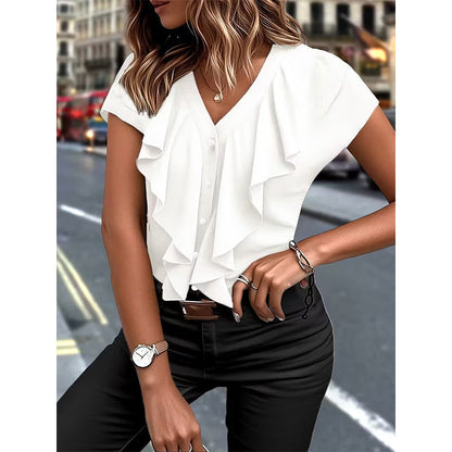 🔥New Arrivals & Best Sellers-Elegant Ruffle V-Neck Blouse