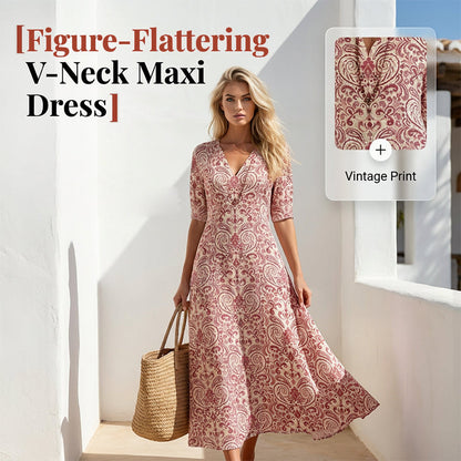 ⌛Limited-Time Offer-Women's V-Neck Printed Half-Sleeve Maxi Dress
