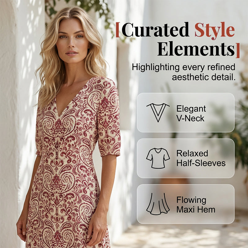 ⌛Limited-Time Offer-Women's V-Neck Printed Half-Sleeve Maxi Dress