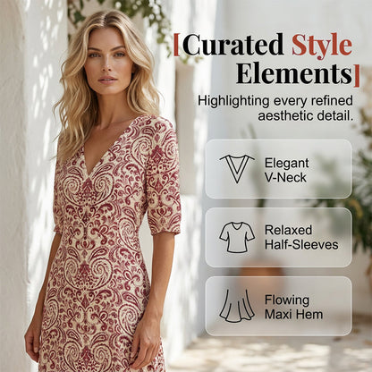 ⌛Limited-Time Offer-Women's V-Neck Printed Half-Sleeve Maxi Dress