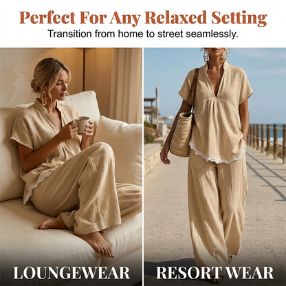 Women's V-Neck Top and Wide-Leg Pants Lounge Set