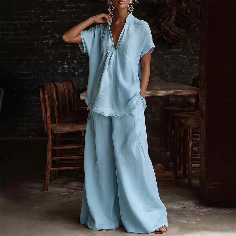 Women's V-Neck Top and Wide-Leg Pants Lounge Set
