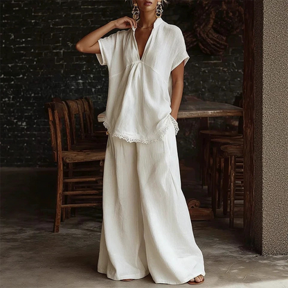 Women's V-Neck Top and Wide-Leg Pants Lounge Set