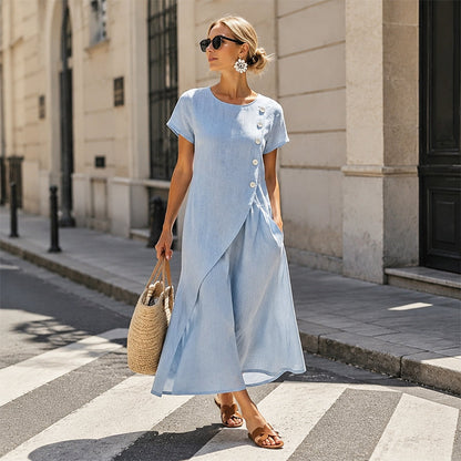 🔥Summer Best Sellers-Women’s Summer Round Neck Elegant Solid Color Dress