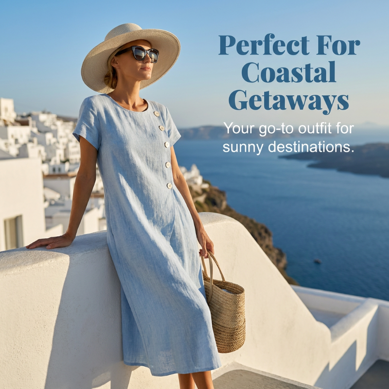 🔥Summer Best Sellers-Women’s Summer Round Neck Elegant Solid Color Dress