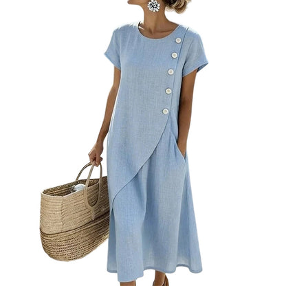 🔥Summer Best Sellers-Women’s Summer Round Neck Elegant Solid Color Dress