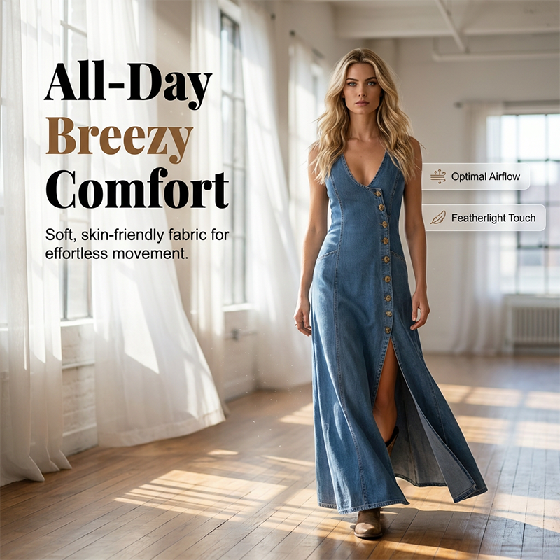 ⌛Limited-Time Offer-Sleeveless V-Neck Button-Front Denim Maxi Dress