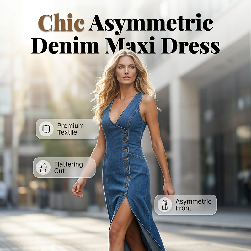 ⌛Limited-Time Offer-Sleeveless V-Neck Button-Front Denim Maxi Dress