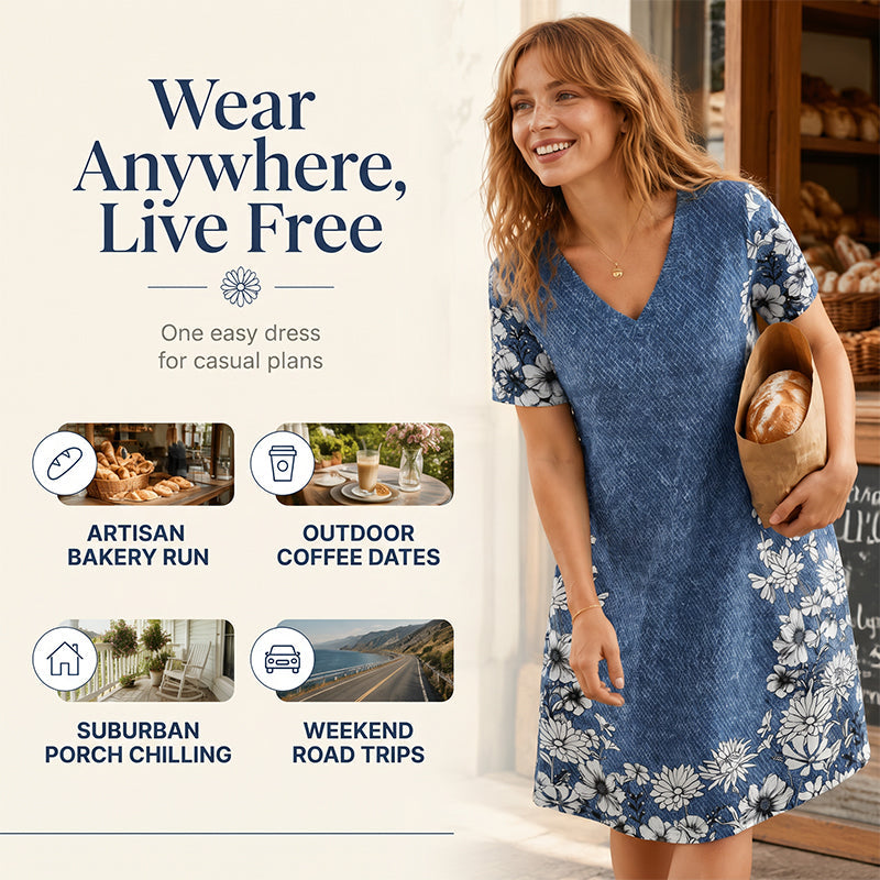 ⌛Limited-Time Offer-Women's V-Neck Denim Print Dress