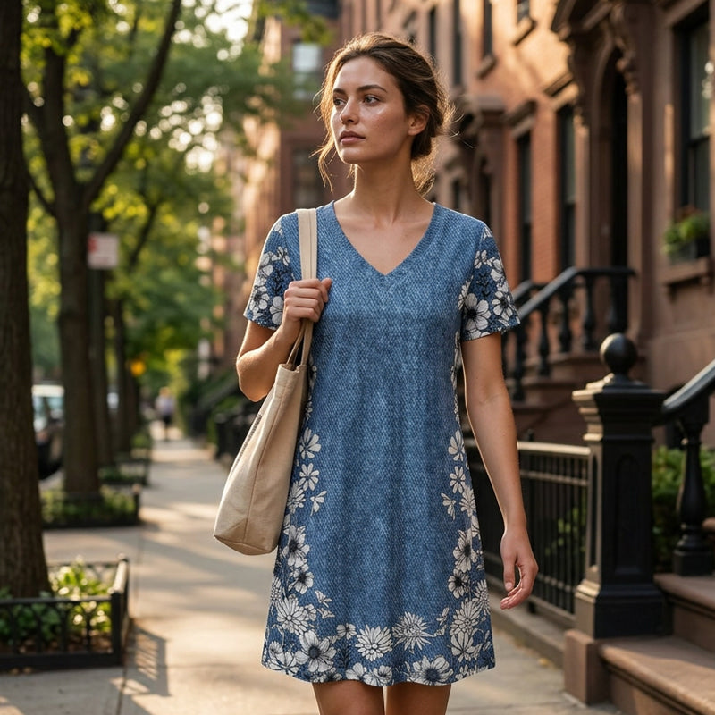 ⌛Limited-Time Offer-Women's V-Neck Denim Print Dress
