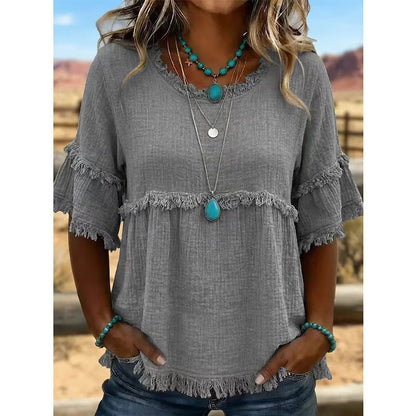 🔥New Arrivals & Special Offers-Women's Casual Fringe-Trim Ruffle Sleeve Top