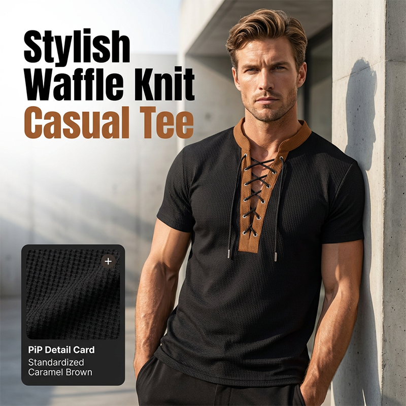 ⌛Limited-Time Offer-Men’s Waffle Knit T-Shirt Contrast Lace Up Casual Short Sleeve Tops
