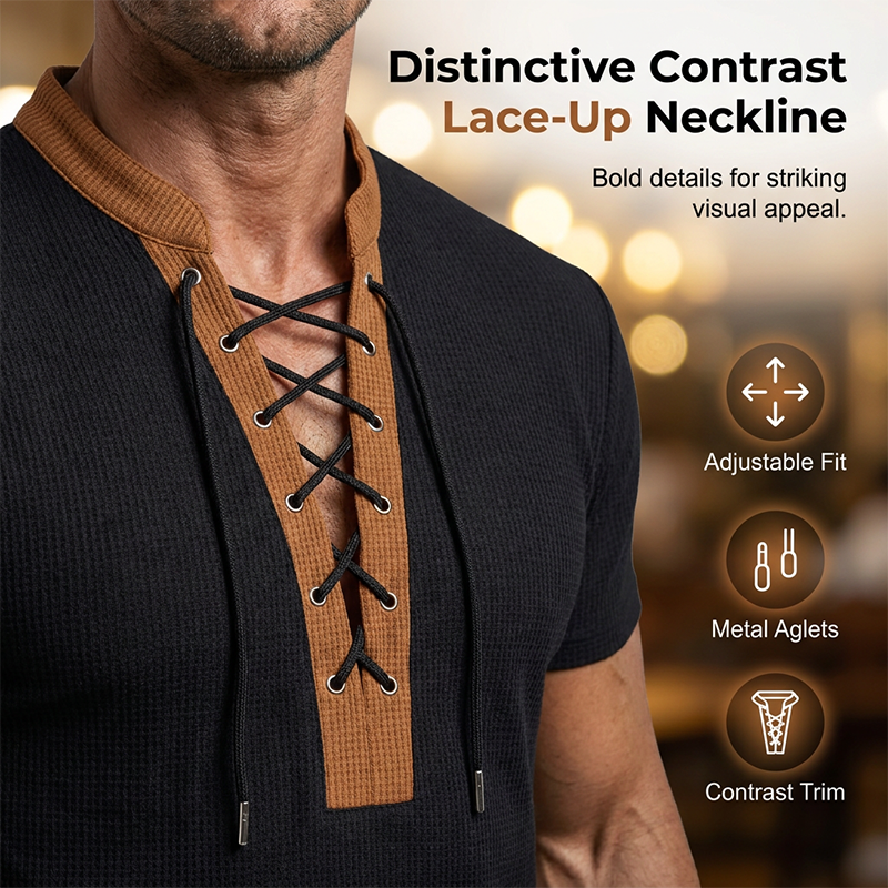 ⌛Limited-Time Offer-Men’s Waffle Knit T-Shirt Contrast Lace Up Casual Short Sleeve Tops