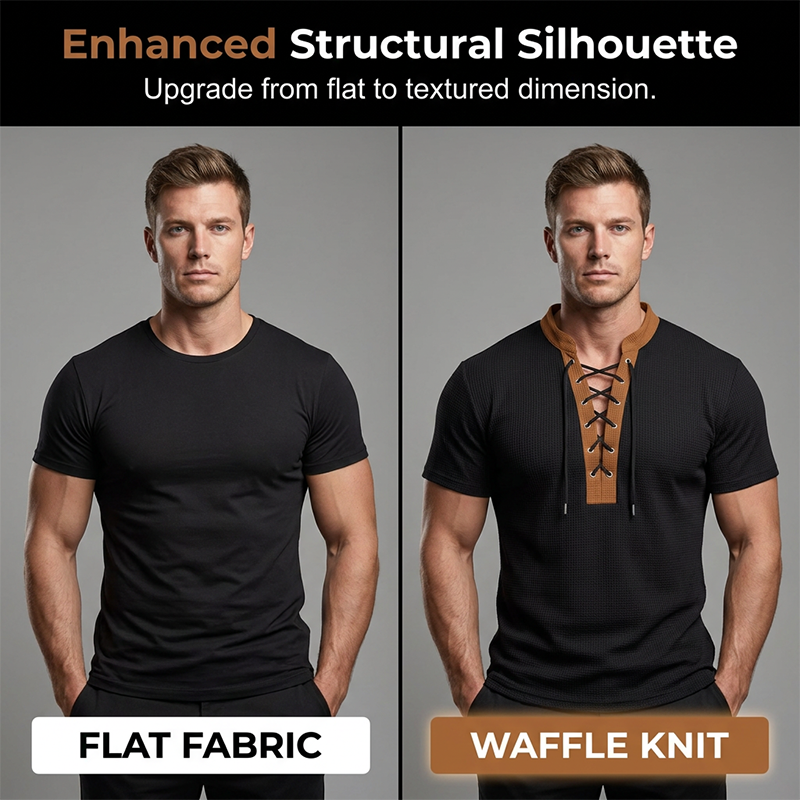 ⌛Limited-Time Offer-Men’s Waffle Knit T-Shirt Contrast Lace Up Casual Short Sleeve Tops