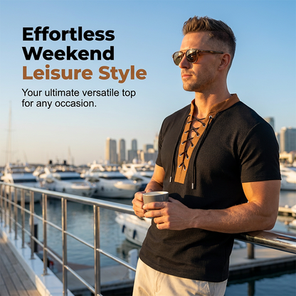 ⌛Limited-Time Offer-Men’s Waffle Knit T-Shirt Contrast Lace Up Casual Short Sleeve Tops