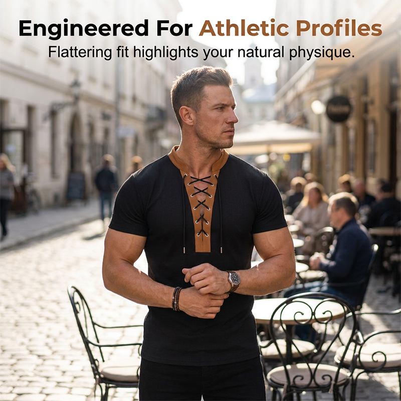 ⌛Limited-Time Offer-Men’s Waffle Knit T-Shirt Contrast Lace Up Casual Short Sleeve Tops