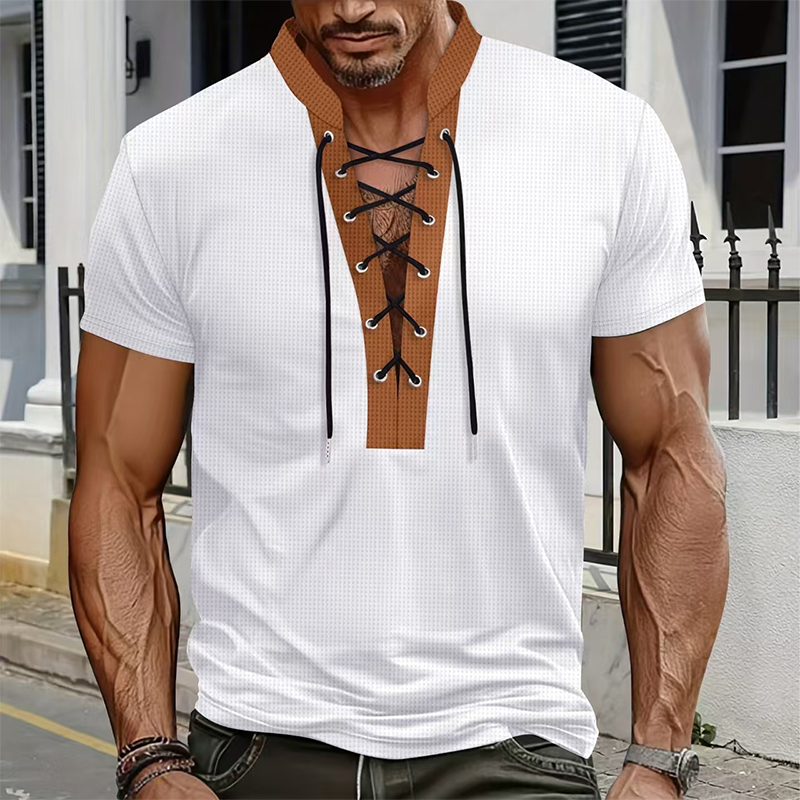 ⌛Limited-Time Offer-Men’s Waffle Knit T-Shirt Contrast Lace Up Casual Short Sleeve Tops