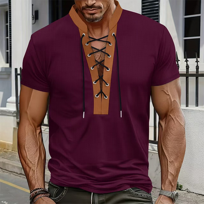 ⌛Limited-Time Offer-Men’s Waffle Knit T-Shirt Contrast Lace Up Casual Short Sleeve Tops