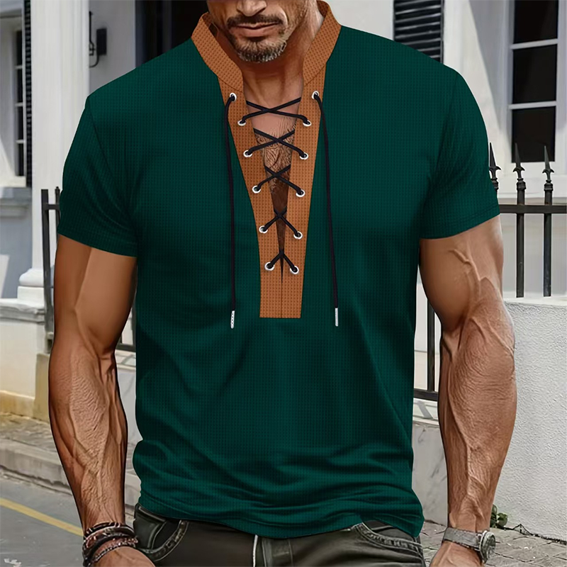 ⌛Limited-Time Offer-Men’s Waffle Knit T-Shirt Contrast Lace Up Casual Short Sleeve Tops