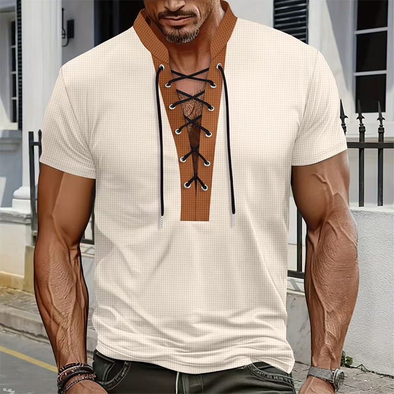 ⌛Limited-Time Offer-Men’s Waffle Knit T-Shirt Contrast Lace Up Casual Short Sleeve Tops